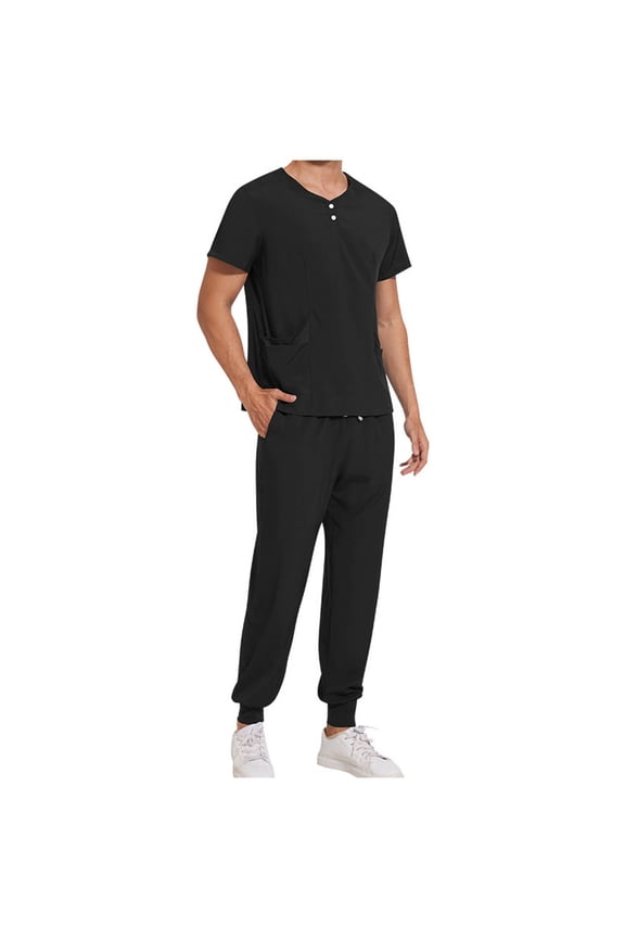 Men's 2-Piece Quick Dry Scrub Set - Medical Healthcare Workwear, Solid Color Short Sleeve Crew Neck Shirt & Drawstring Pants, Multiple Pockets Button Detail Uniform Outfit