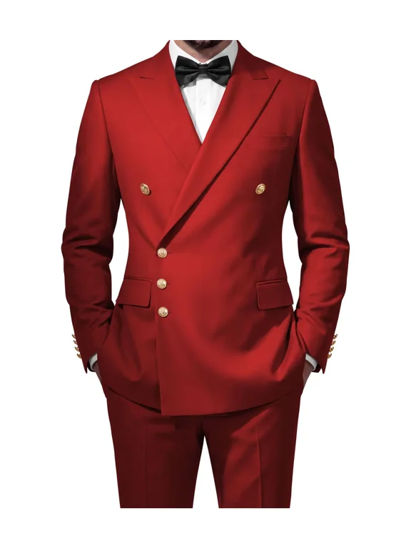Men's 2 Piece Red Suits Slim Fit Gold Button Blazer Jacket Pants Set for Party Wedding and Business,4XL