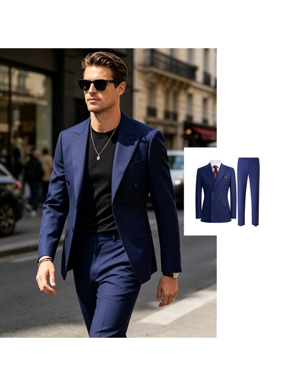 Men's 2 Piece Royal Blue Suit Set, Double Breasted Blazer & Trousers, Slim Fit Peak Lapel Formal Business Wedding Suit for Prom, Dinner, Interview