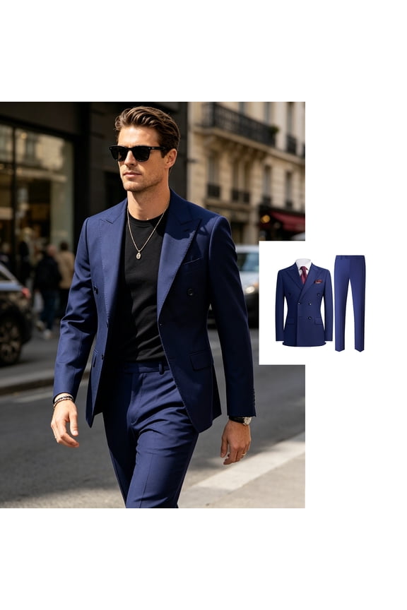 Men's 2 Piece Royal Blue Suit Set, Double Breasted Blazer & Trousers, Slim Fit Peak Lapel Formal Business Wedding Suit for Prom, Dinner, Interview