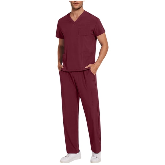 Men's 2-Piece Scrub Set - Caregiver Nurse Medical Uniform, V-Neck Short Sleeved Shirt & Elastic Pants, Multiple Pockets Solid Color Healthcare Workwear Outfit
