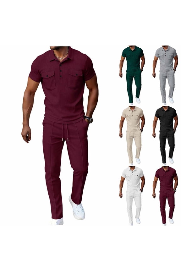 Men's 2 Piece Set Casual Loose Fit Long Pants Top Half-Button Lapel Solid Color Set, Breathable Stretch Polyester Rayon Cotton Blend, for Daily Wear Lounge Gym Vacation | Zenithor,Khaki XL