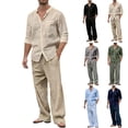 thumbnail image 1 of Men's 2 Piece Set Cotton Linen Long Sleeve Top With Elastic Waist Drawstring Pockets Casual Beach Lounge Set Solid Color Summer Vacation | Zenithor,Army Green L, 1 of 9