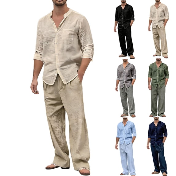 Men's 2 Piece Set Cotton Linen Long Sleeve Top With Elastic Waist Drawstring Pockets Casual Beach Lounge Set Solid Color Summer Vacation | Zenithor,Navy 2XL