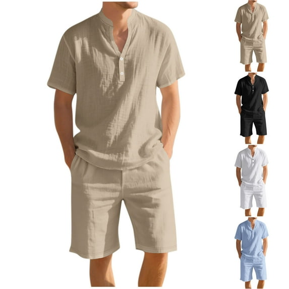 Men's 2 Piece Set Linen Casual Short Sleeve Button Down Shorts with Pockets | Relaxed Fit Matching Set | Breathable Lightweight Summer Outfit | Beach Vacation | Zenithor,White XL