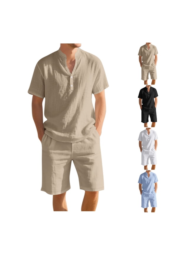 Men's 2 Piece Set Linen Casual Short Sleeve Button Down Shorts with Pockets | Relaxed Fit Matching Set | Breathable Lightweight Summer Outfit | Beach Vacation | Zenithor,White XL