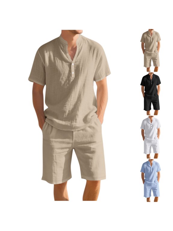 Men's 2 Piece Set Linen Casual Short Sleeve Button Down Shorts with Pockets | Relaxed Fit Matching Set | Breathable Lightweight Summer Outfit | Beach Vacation | Zenithor,Khaki 2XL