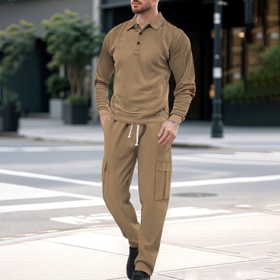 Men's 2 Piece Set Long Sleeve Casual Collar Up Shirts With Button Loose Pants Set (Khaki XL)