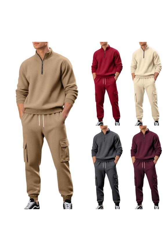 Men's 2 Piece Set Nylon Spandex Track Suit Jogger Set, Long Sleeve Turn Down Collar Top With Pocket, Quick Dry Breathable Athletic Training Outfit For Gym Running Casual | Zenithor,Beige L