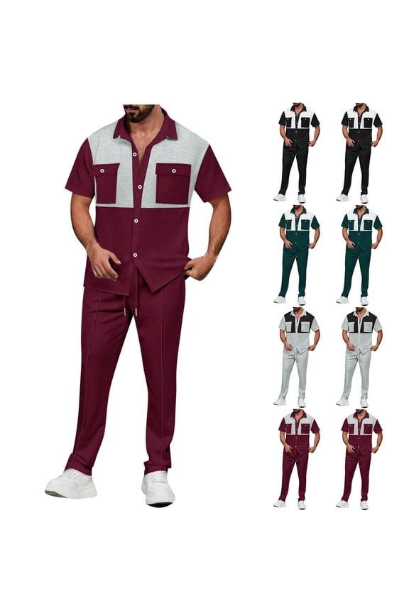 Men's 2 Piece Set Polyester Rayon Cotton Shirt & Pants Set, Short Sleeve Lapel Shirt With Pockets, Drawstring Long Pants, Casual Business Daily Beach Vacation | Zenithor,Army Green L