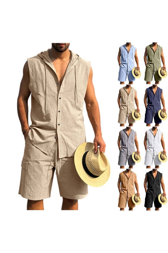 Men's 2 Piece Set Quick Dry Cotton Flax Linen Sport Tank Top Elastic Waist Shorts Loose Fit Solid Color Casual Gym Beach Vacation | Zenithor,Black XL