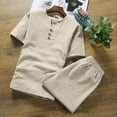 thumbnail image 1 of Men's 2 Piece Set Summer Holiday Outfits Button Short Sleeve Henley Shirts and Casual Beach Shorts Beige M, 1 of 2