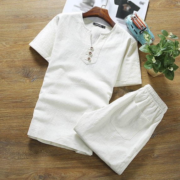 Men's 2 Piece Set Summer Holiday Outfits Button Short Sleeve Henley Shirts and Casual Beach Shorts White L
