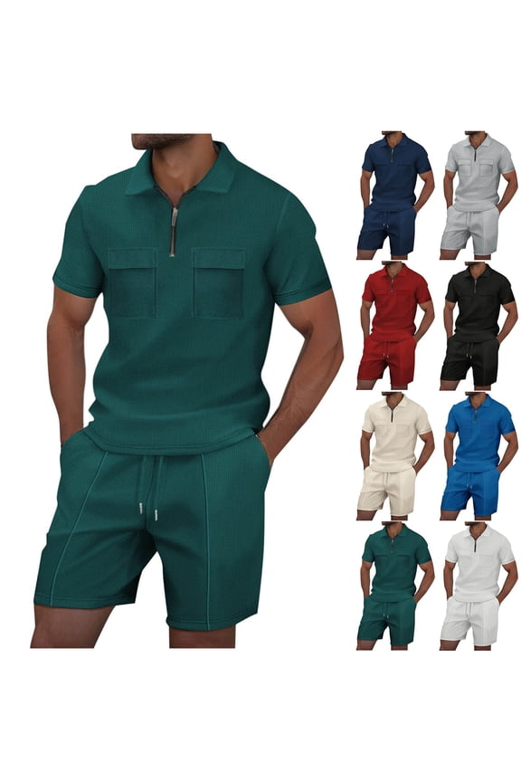 Men's 2 Piece Short Set With Pockets Polyester Rayon Cotton Blend Casual Loose Fit Drawstring Elastic Waist Turndown Collar Zipper Sleeve Shorts Streetwear Beach | Zenithor,White L
