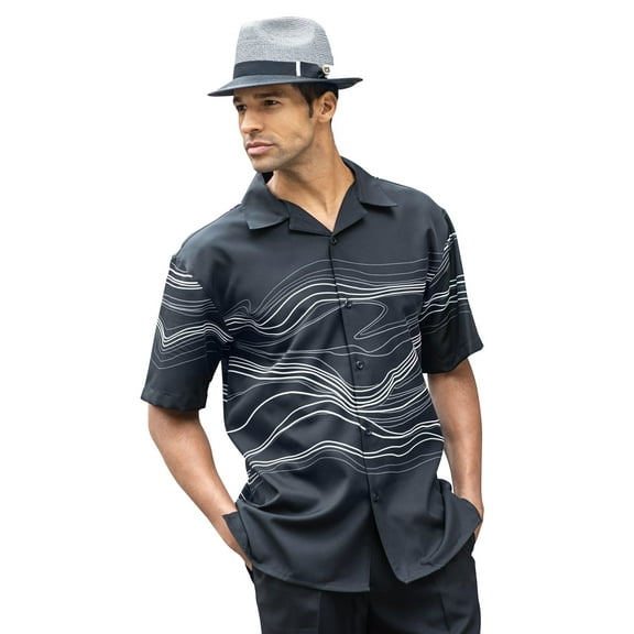Men's 2 Piece Short Sleeve Walking Suit Solid Wave Print in Black - 2093