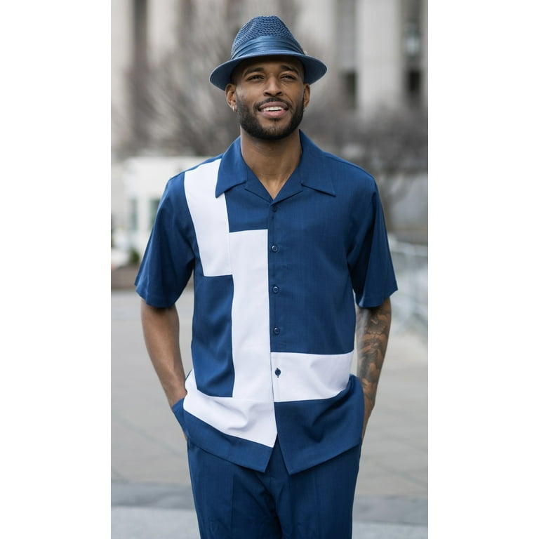 Men s 2 Piece Short Sleeve Walking Suit Tetris Color Block in Navy 2077