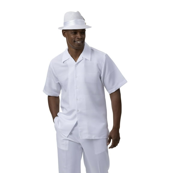 Men's 2 Piece Short Sleeve Walking Suit Tone on Tone Horizontal Stripe in White - 2022