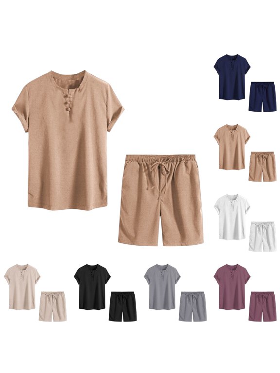Men's 2 Piece Shorts Set Polyester Casual Matching Outfits V Neck Short Sleeve Blouse Top With Drawstring Pocket Elastic Waist Shorts For Daily Street Beach Summer | Zenithor,Black 5XL
