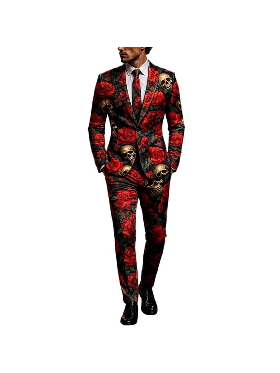 Men's 2 Piece Skull Graphic Suit Set Halloween Party Blazer Jacket and Pants Outfit