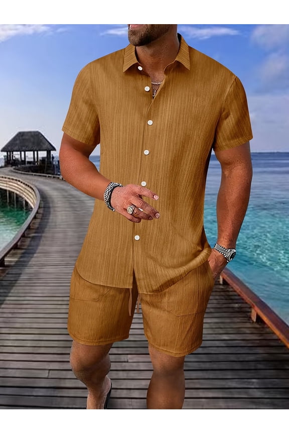 Men’s 2-Piece Solid Color Set Summer Short Sleeve Button-Down Shirt with Pocket and Matching Pants Brown XL