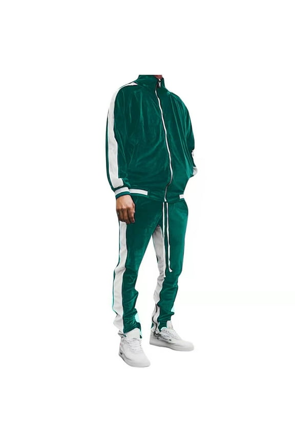 Men's 2 Piece Sports Outfits Soft Velvet Tracksuit Color Block Casual Zip Up Jacket and Sweatpant Sets