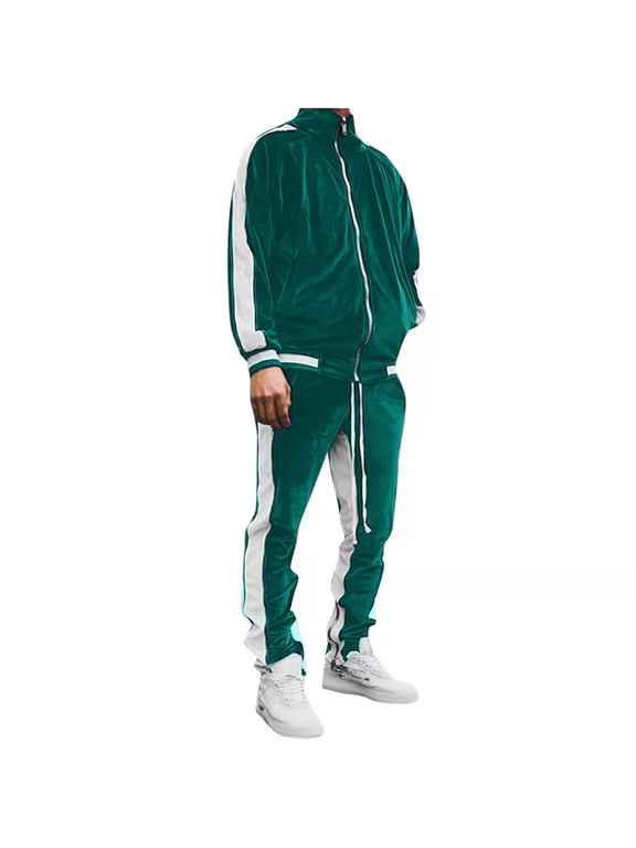 Men's 2 Piece Sports Outfits Soft Velvet Tracksuit Color Block Casual Zip Up Jacket and Sweatpant Sets