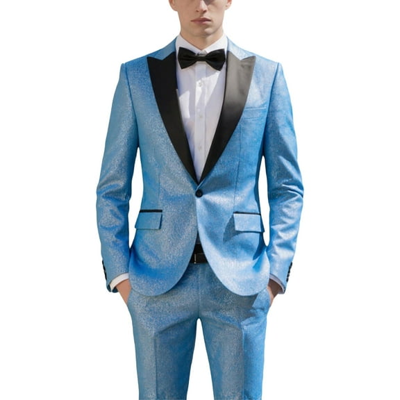 Men's 2-Piece Suit Set - Blue Glitter Blazer with Black Peak Lapel, Matching Pants, Bonus Bow Tie, 80% Polyester 20% Viscose, Stretch Waist