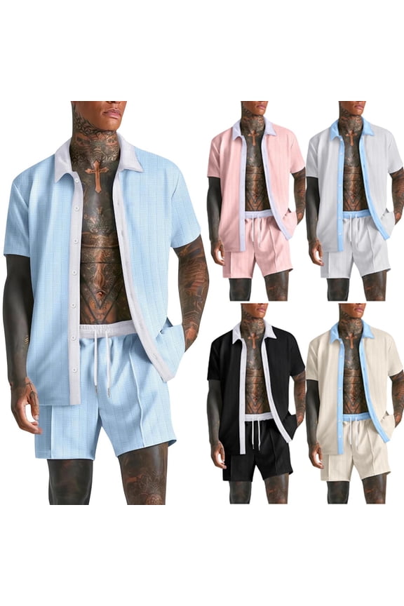 Men's 2 Piece Suit Set Cotton Spandex | Matching Outfit Casual Suit Set | Short Sleeve Turndown Collar Blouse Top & Pants | Stretch Solid Color Lounge Set Business | Zenithor,Black S
