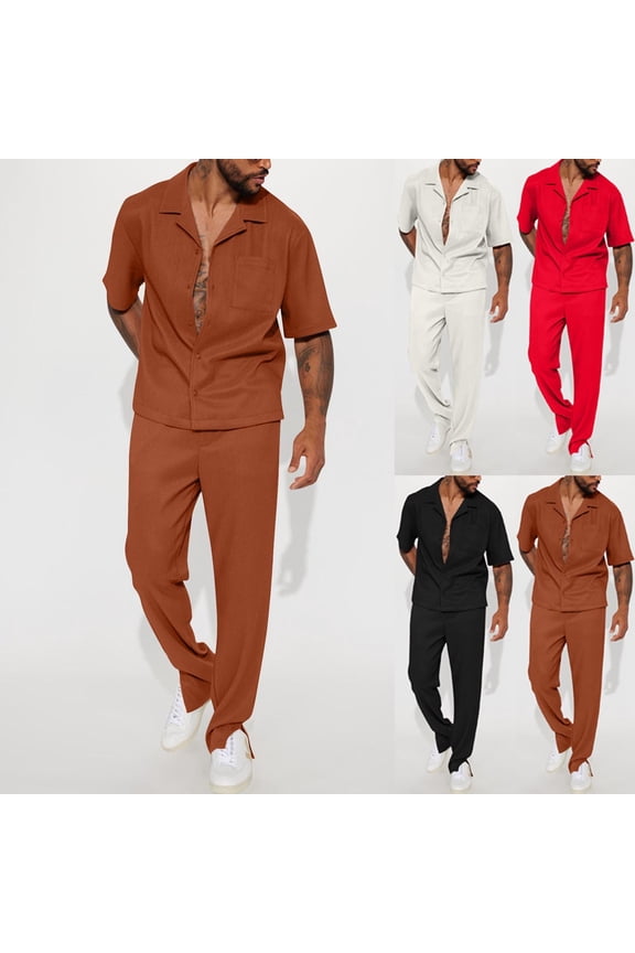 Men's 2 Piece Suit Set Cotton Spandex | Matching Outfit Casual Suit Set | Short Sleeve Turndown Collar Blouse Top & Pants | Stretch Solid Color Lounge Set Business | Zenithor,Black L