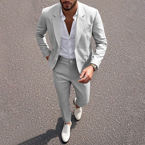 Men's 2-Piece Suit Set, Solid Color Business Dress With Pants, Formal Banquet Outfit For Spring/Summer Wedding & Office Gray L