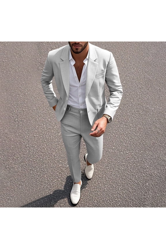 Men's 2-Piece Suit Set, Solid Color Business Dress With Pants, Formal Banquet Outfit For Spring/Summer Wedding & Office Gray S