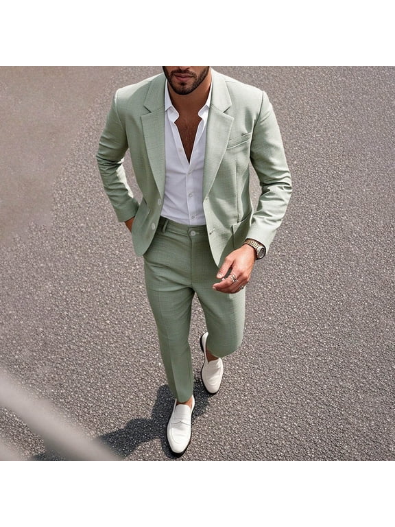 Men's 2-Piece Suit Set, Solid Color Business Dress With Pants, Formal Banquet Outfit For Spring/Summer Wedding & Office Green M