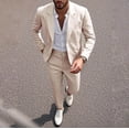 thumbnail image 1 of Men's 2-Piece Suit Set, Solid Color Business Dress With Pants, Formal Banquet Outfit For Spring/Summer Wedding & Office Khaki L, 1 of 9