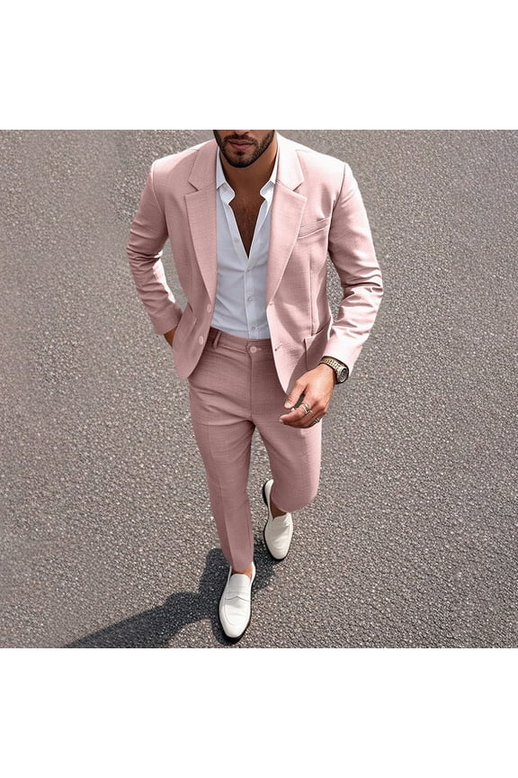 Men's 2-Piece Suit Set, Solid Color Business Dress With Pants, Formal Banquet Outfit For Spring/Summer Wedding & Office Pink S