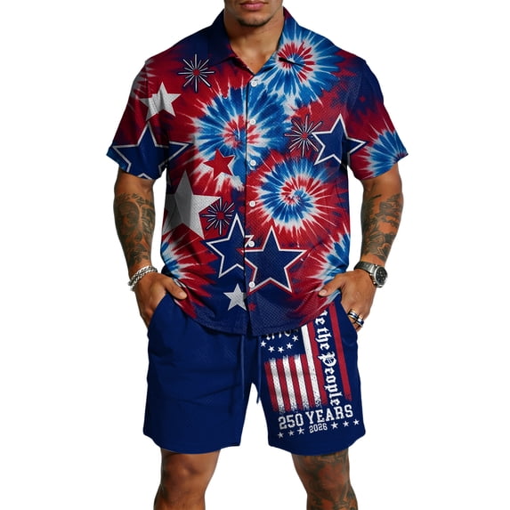 Men's 2 Piece Summer 4th of July Outfits Button Down Short Sleeve Shirt and Shorts Textured Summer Set