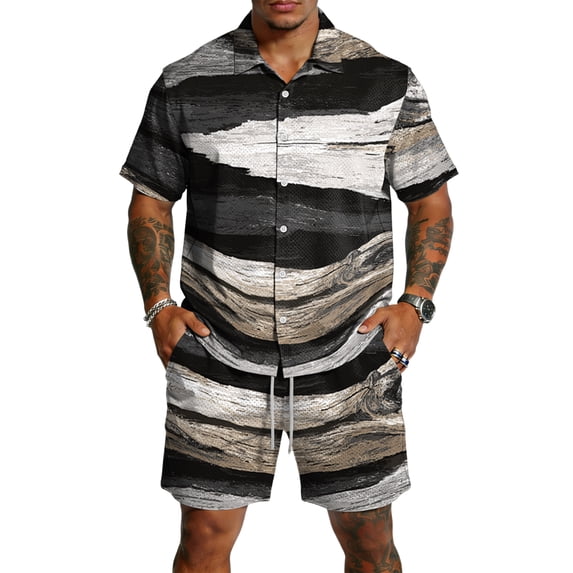 Men's 2 Piece Summer Outfit Casual Short Sleeve Button Down Shirt and Drawstring Shorts Set Texture Print Vacation Tracksuit