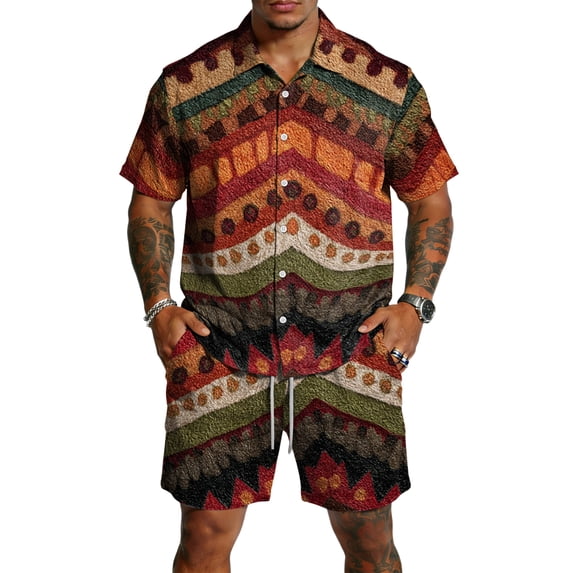 Men's 2 Piece Summer Outfit Casual Short Sleeve Button Down Shirt and Drawstring Shorts Set Texture Print Vacation Tracksuit