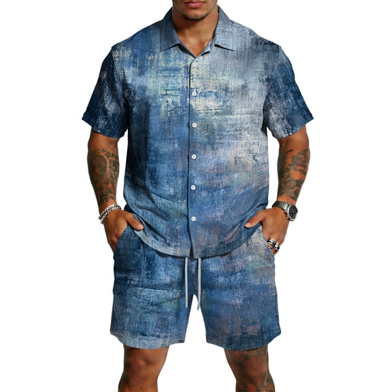 Men's 2 Piece Summer Outfit Casual Short Sleeve Button Down Shirt and Drawstring Shorts Set Texture Print Vacation Tracksuit