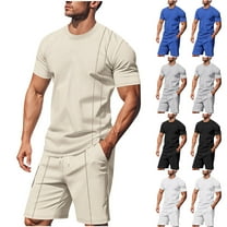 Men's 2 Piece Summer Outfits Crew Neck Short Sleeve Lightweight Shirts Shorts Man Casual Fashion Drawstring Elastic Waisted Shorts T-Shirt Sets