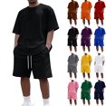 thumbnail image 1 of Men's 2 Piece Summer Outfits Short Sleeve Crewneck Tee and Elastic Drawstring Shorts Set Casual Lounge Beach Vacation Tracksuit Black L, 1 of 4