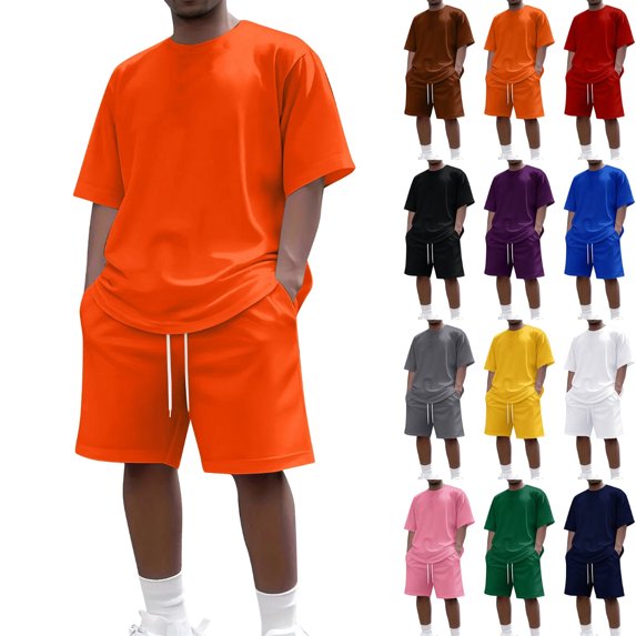 Men's 2 Piece Summer Outfits Short Sleeve Crewneck Tee and Elastic Drawstring Shorts Set Casual Lounge Beach Vacation Tracksuit Orange L