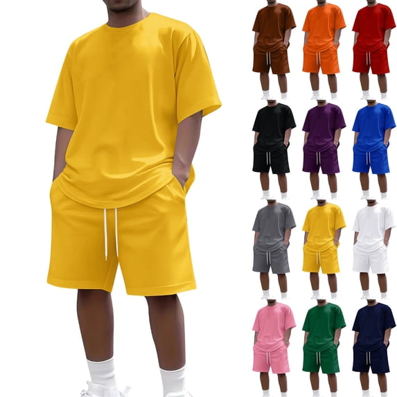 Men's 2 Piece Summer Outfits Short Sleeve Crewneck Tee and Elastic Drawstring Shorts Set Casual Lounge Beach Vacation Tracksuit Yellow 3XL