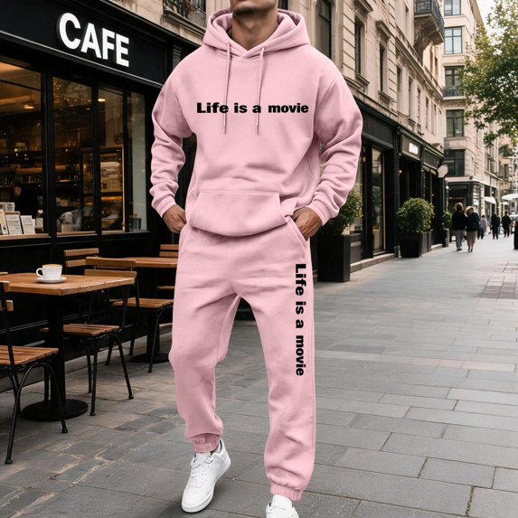 Men's 2 Piece Sweatsuit Hoodie Tracksuit Set Long Sleeve Pullover Outfit with Pockets Elastic Waist Drawstring Casual Athletic Jogging Gym Running Winter Workout Pink XXL