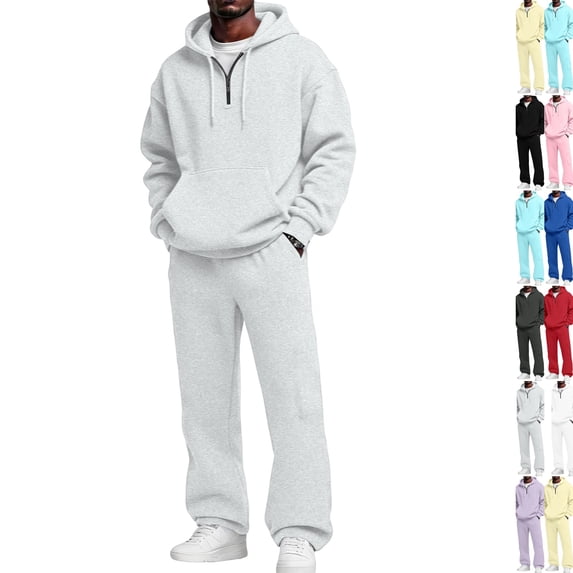 Men's 2 Piece Sweatsuit Quarter Zip Hoodie & Wide Leg Sweatpants Set Oversized Casual Athletic Tracksuit with Kangaroo Pockets Light Gray L