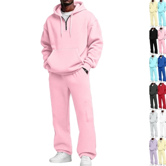 Men's 2 Piece Sweatsuit Quarter Zip Hoodie & Wide Leg Sweatpants Set Oversized Casual Athletic Tracksuit with Kangaroo Pockets Pink XXL