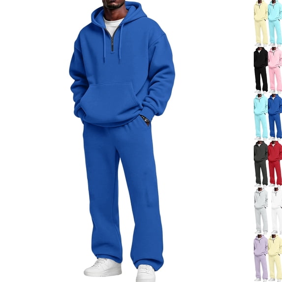 Men's 2 Piece Sweatsuit Quarter Zip Hoodie & Wide Leg Sweatpants Set Oversized Casual Athletic Tracksuit with Kangaroo Pockets Royal Blue XXL