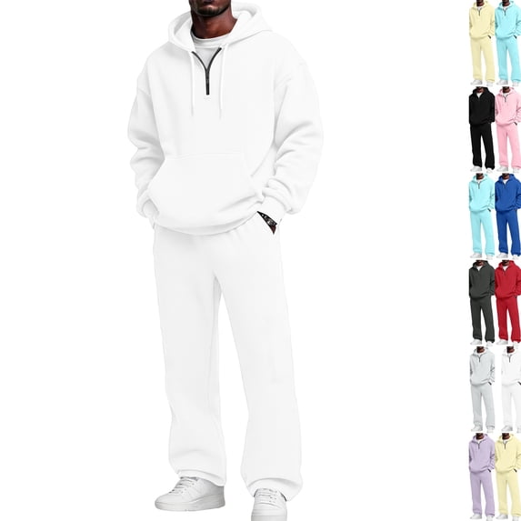 Men's 2 Piece Sweatsuit Quarter Zip Hoodie & Wide Leg Sweatpants Set Oversized Casual Athletic Tracksuit with Kangaroo Pockets White XL