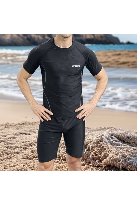 Men's 2 Piece Swimsuit Set Quick Dry Swim Trunks With Short Sleeve Rashguard Shirt Match Swimming Drying Top And Five Point Pants Board Shorts Beach Vacation Summer | Zenithor,Black L