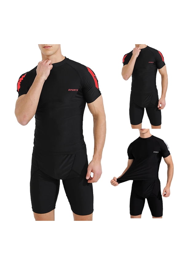 Men's 2 Piece Swimsuit Set Quick Dry Swim Trunks With Short Sleeve Rashguard Shirt Match Swimming Drying Top And Five Point Pants Board Shorts Beach Vacation Summer | Zenithor,Black 2XL