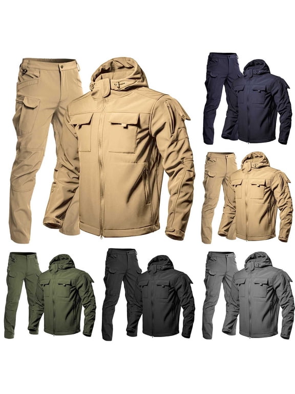 Men's 2 Piece Suit Hooded Waterproof Windbreaker Jacket with Cargo Pants for Outdoor Workwear